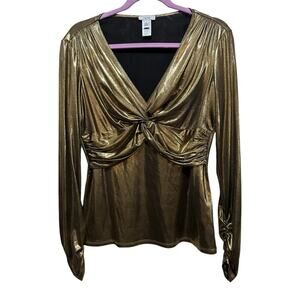 Cache Women's Gold Faux-Wrap V-Neckline Blouse Top Size Large